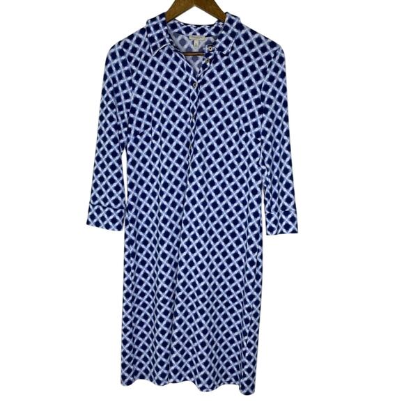 Talbots Petite Dress MP Blue White Geometric Shirt Style Stretch Casual - Picture 1 of 7